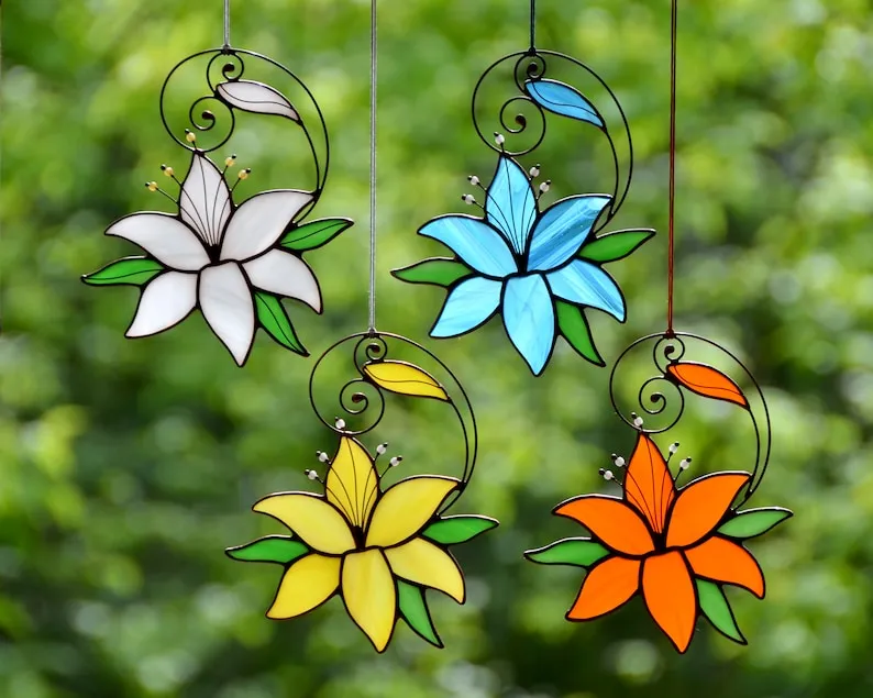 (Store Closing Sale) Stained glass blue lily window hangings, flower gift suncatcher