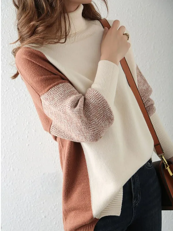 Casual Loose Color Block High-Neck Sweater