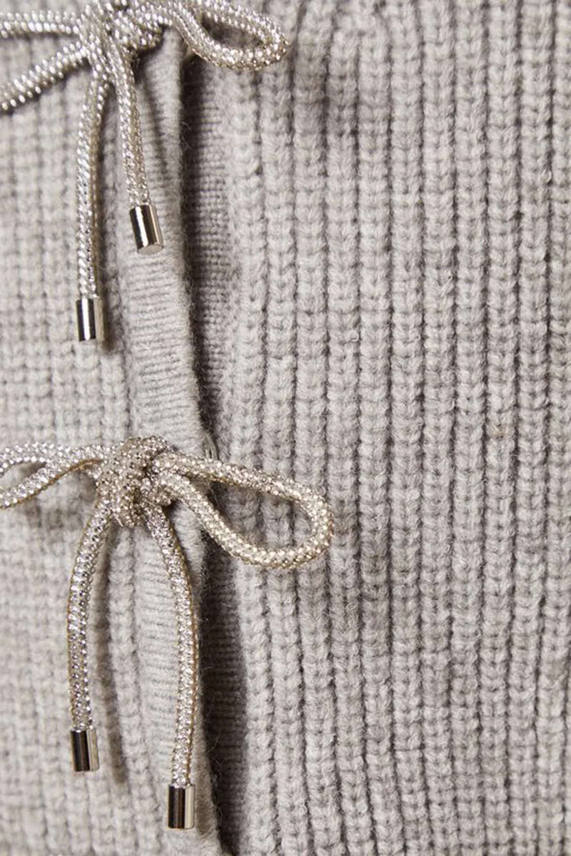 Casual Style Crystal Bow Button Grey Marl Sweaters