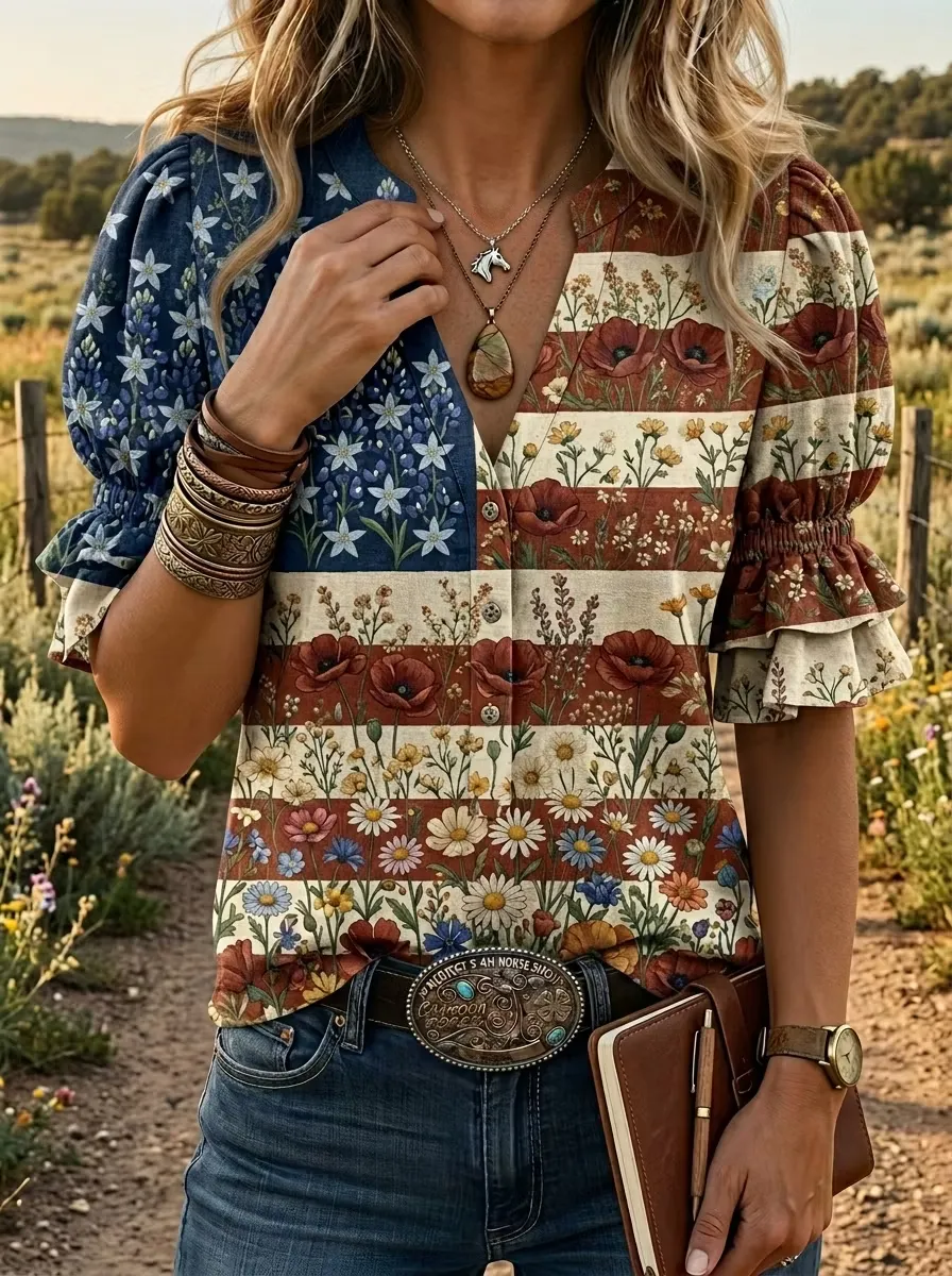 Vintage American Flag Art Floral Print V-neck Puff Sleeve Ruffle Shirt