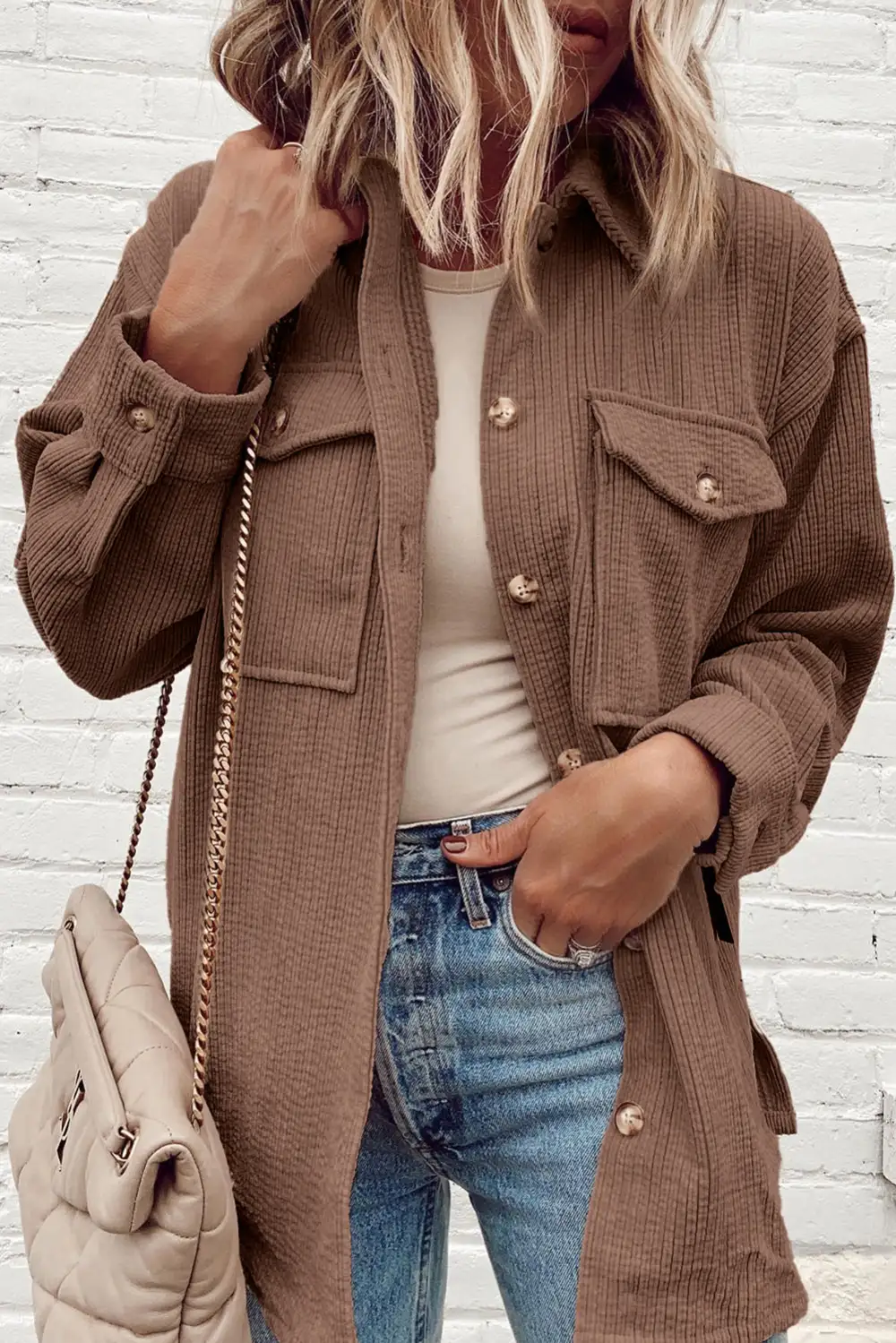 Chestnut Corduroy Flap Pocket Button-Up Shirt Jacket