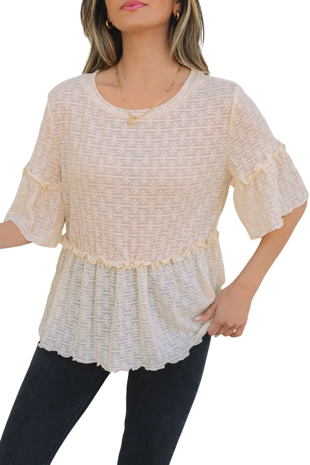 Ruffled Textured Short Sleeve Blouse