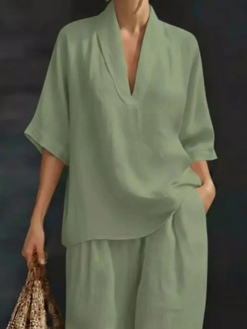 Relaxed Half Sleeve Top and Wide Leg Pants Set