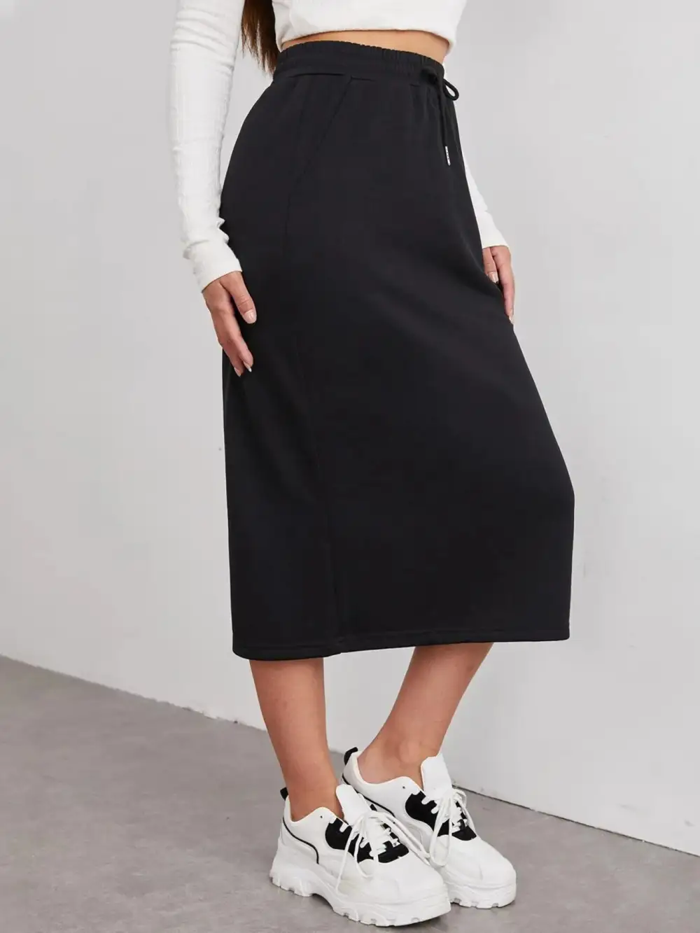 Drawstring Side Slit Midi Skirt