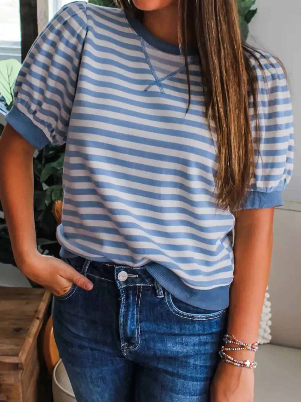 Stripe Short Bubble Sleeve T Shirt