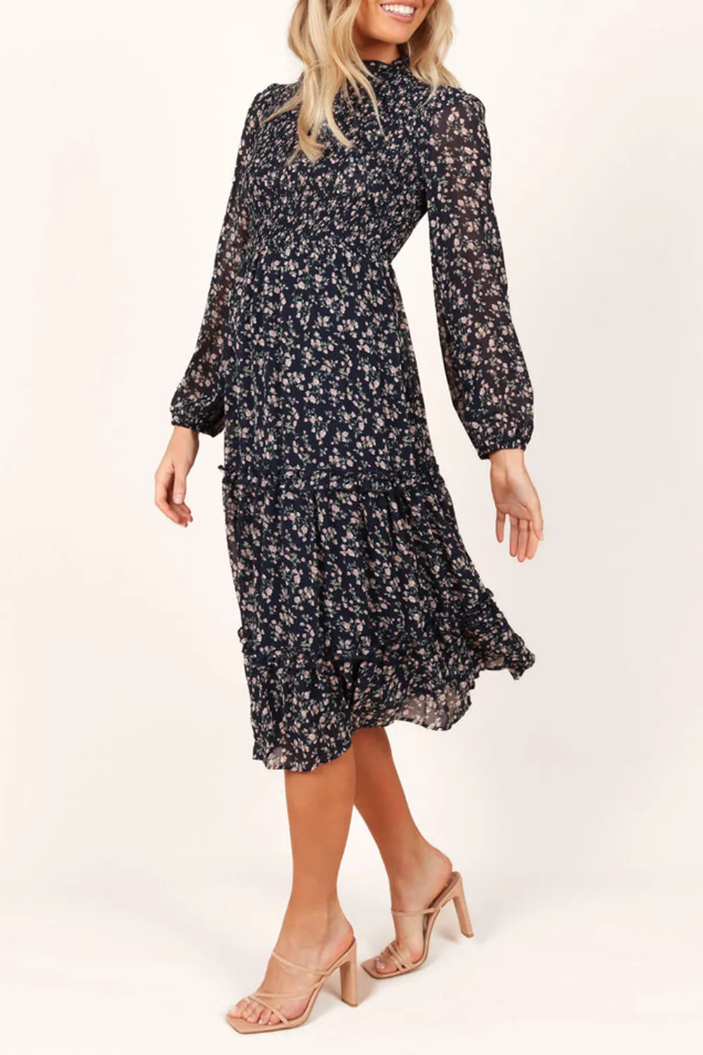 EDWINA SHIRRED FRILL LONG SLEEVE MIDI DRESS - NAVY FLORAL