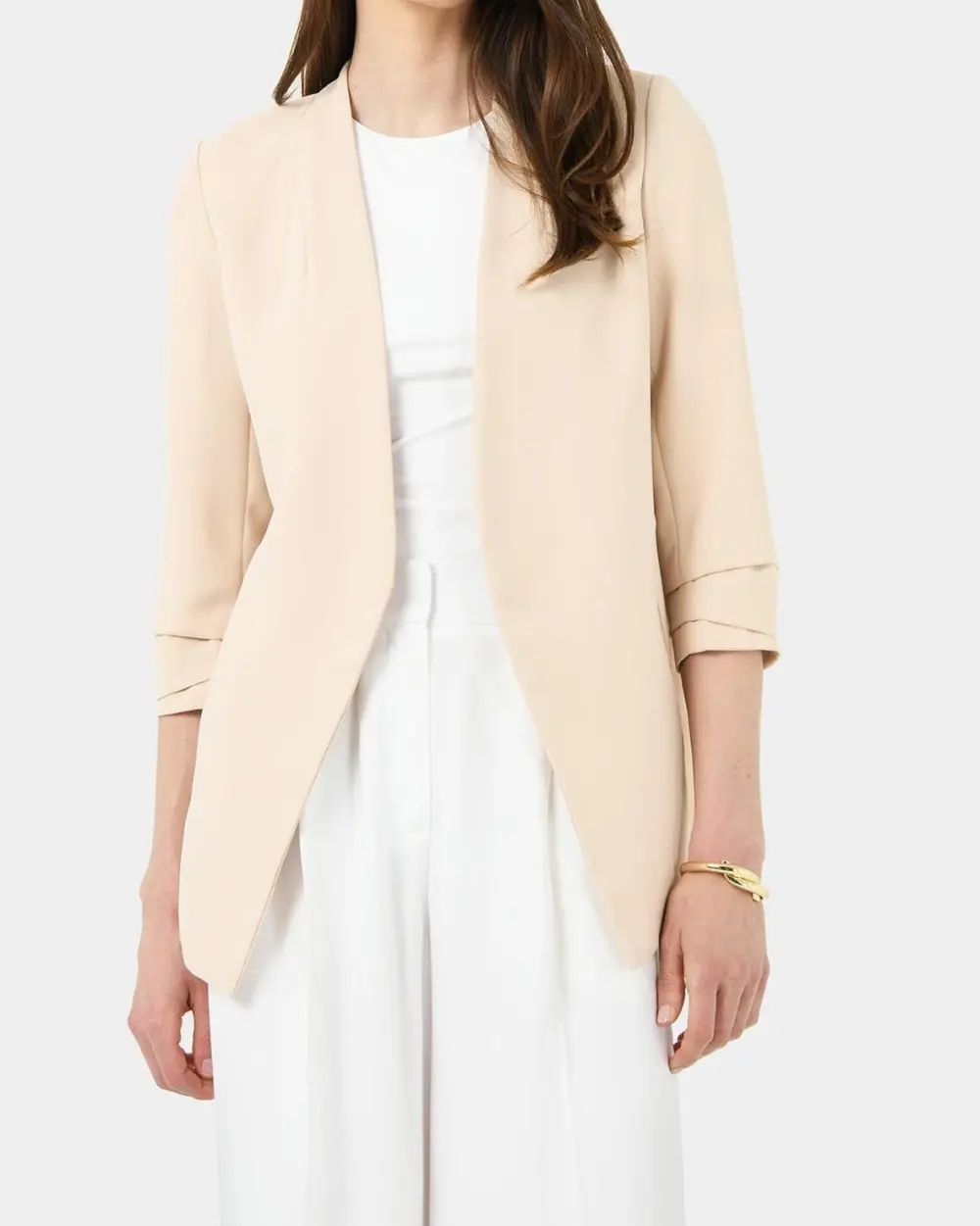 Crepe Textured Fabric Collarless Blazer -Ecru