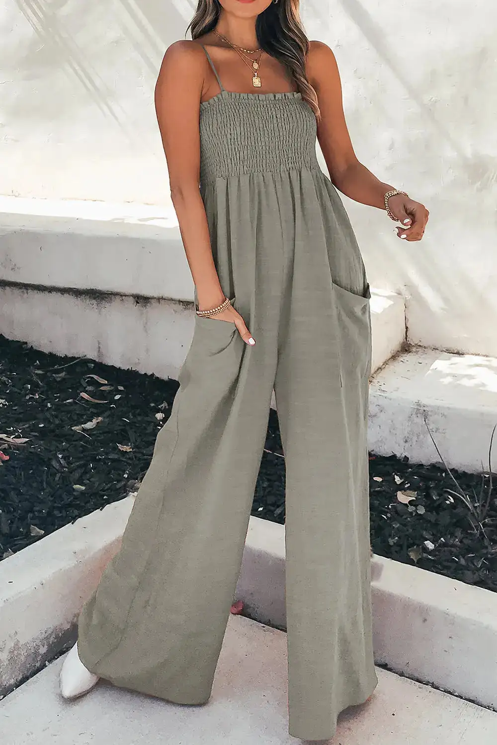 Smocked Strappy Wide Leg Jumpsuit