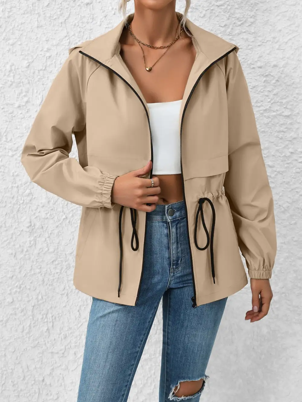 Drawstring Zip-up Hooded Jacket