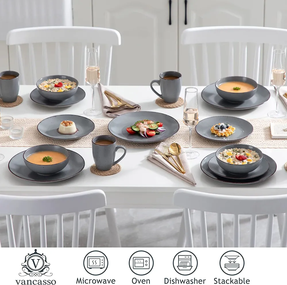 vancasso Navia Ceramic Dinnerware Set, 48 pieces Set of 12 Stoneware Spray Spot Patterned Service Dish with Dinner Plates, Salad Plates, Bowls, Mugs - Grey