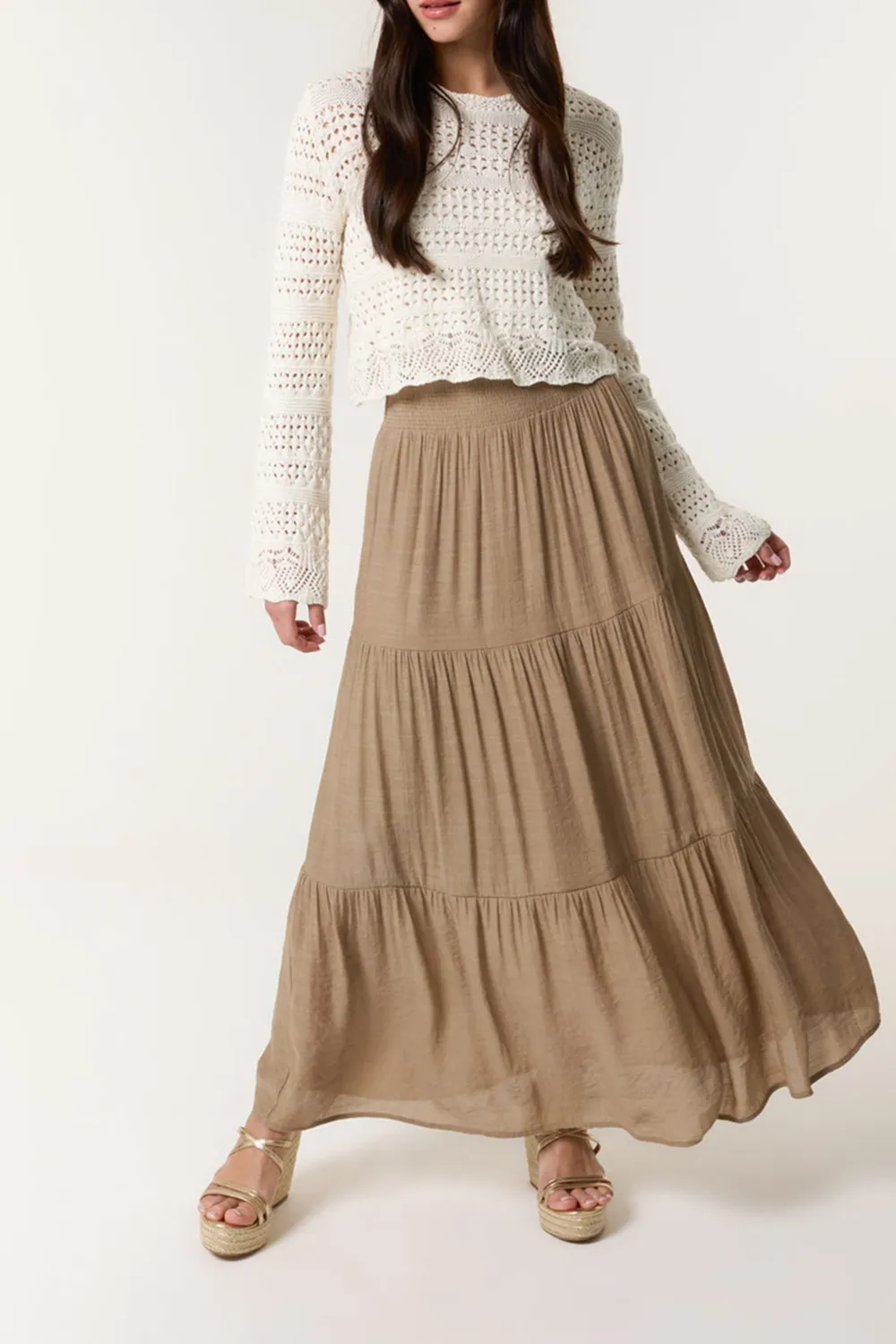 Women's Light Brown Pleated Waist Cake Layered Long Skirt