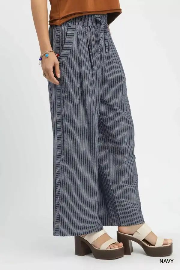 Drawstring Striped Wide Leg Pants