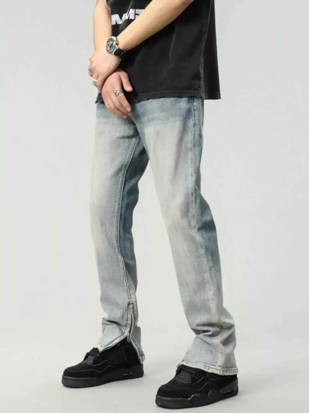Zip Detail Washed Straight Leg Jeans