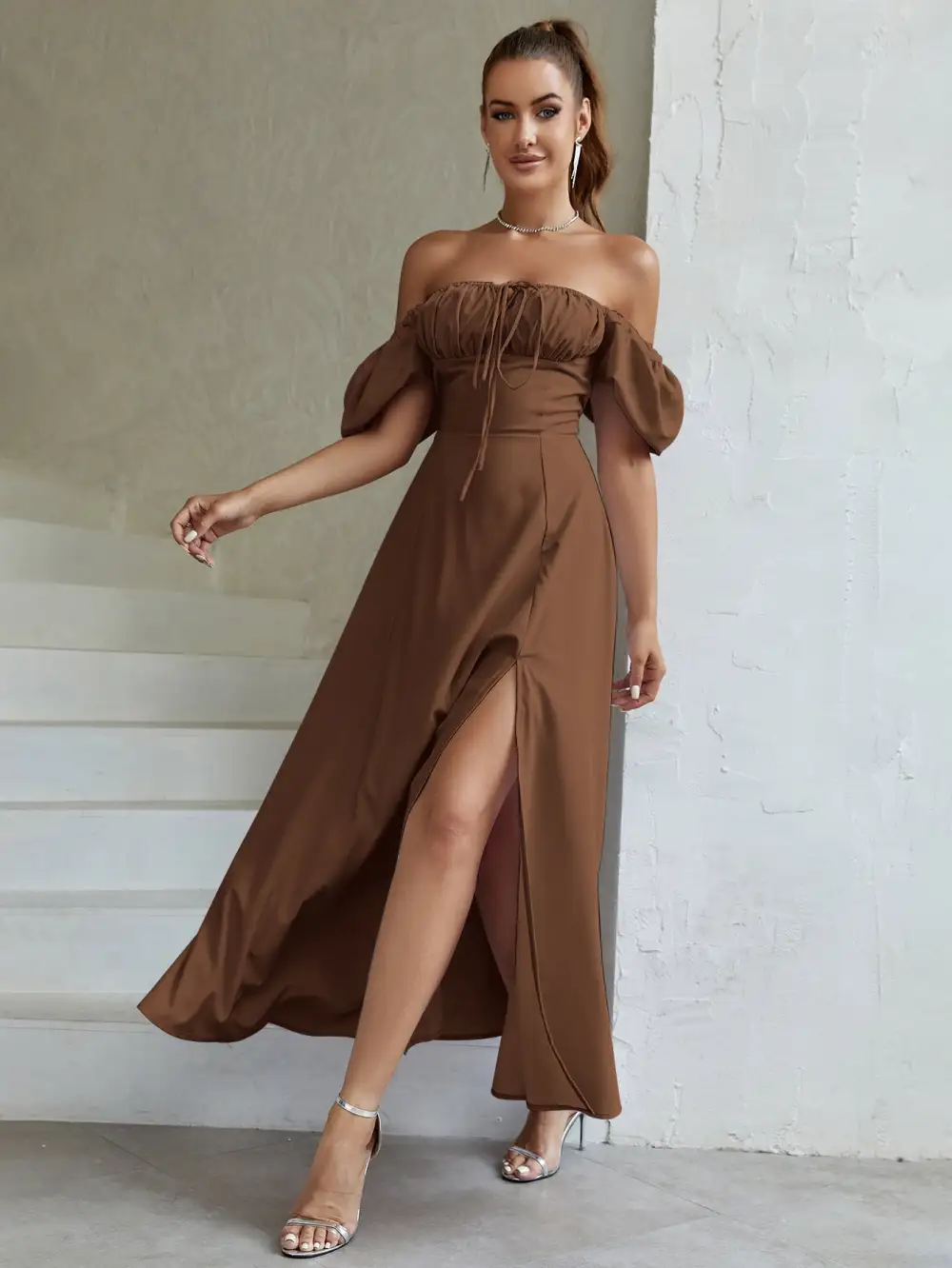 Puff Sleeve Tie Front Off Shoulder Slit Thigh Dress