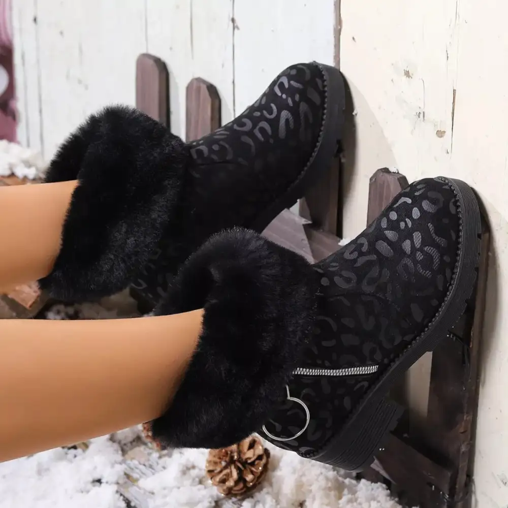 Fuzzy Cuff Print Ankle Boots