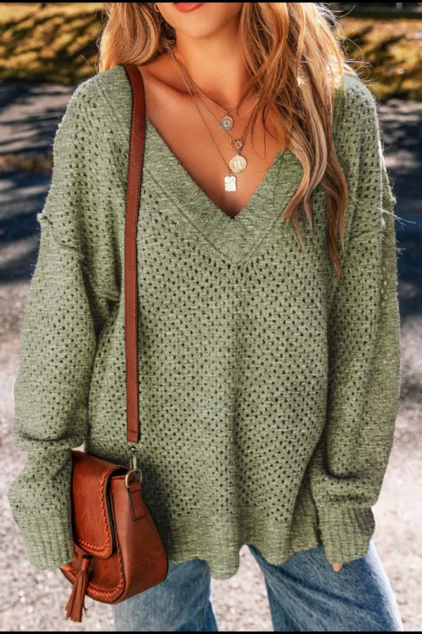 V-Neck Dropped Shoulder Long Sleeve Sweater -Ships 11/9