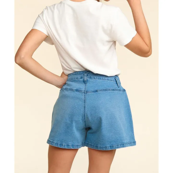 High Rise Button Fly Washed Denim Shorts
