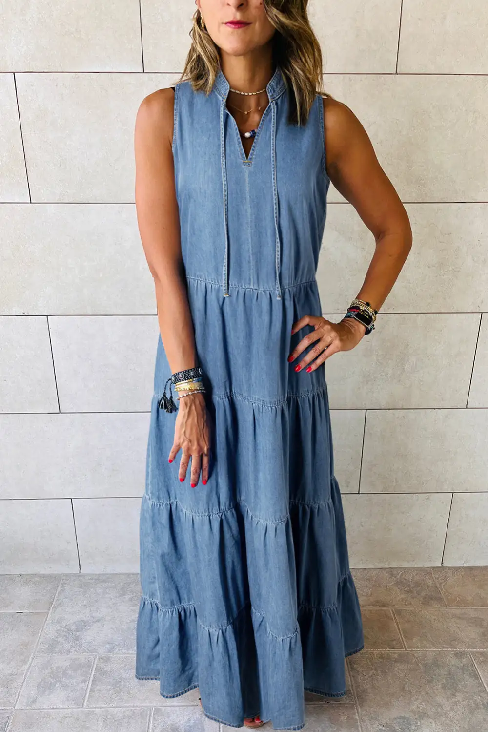 Sleeveless Tiered Denim Maxi Dress