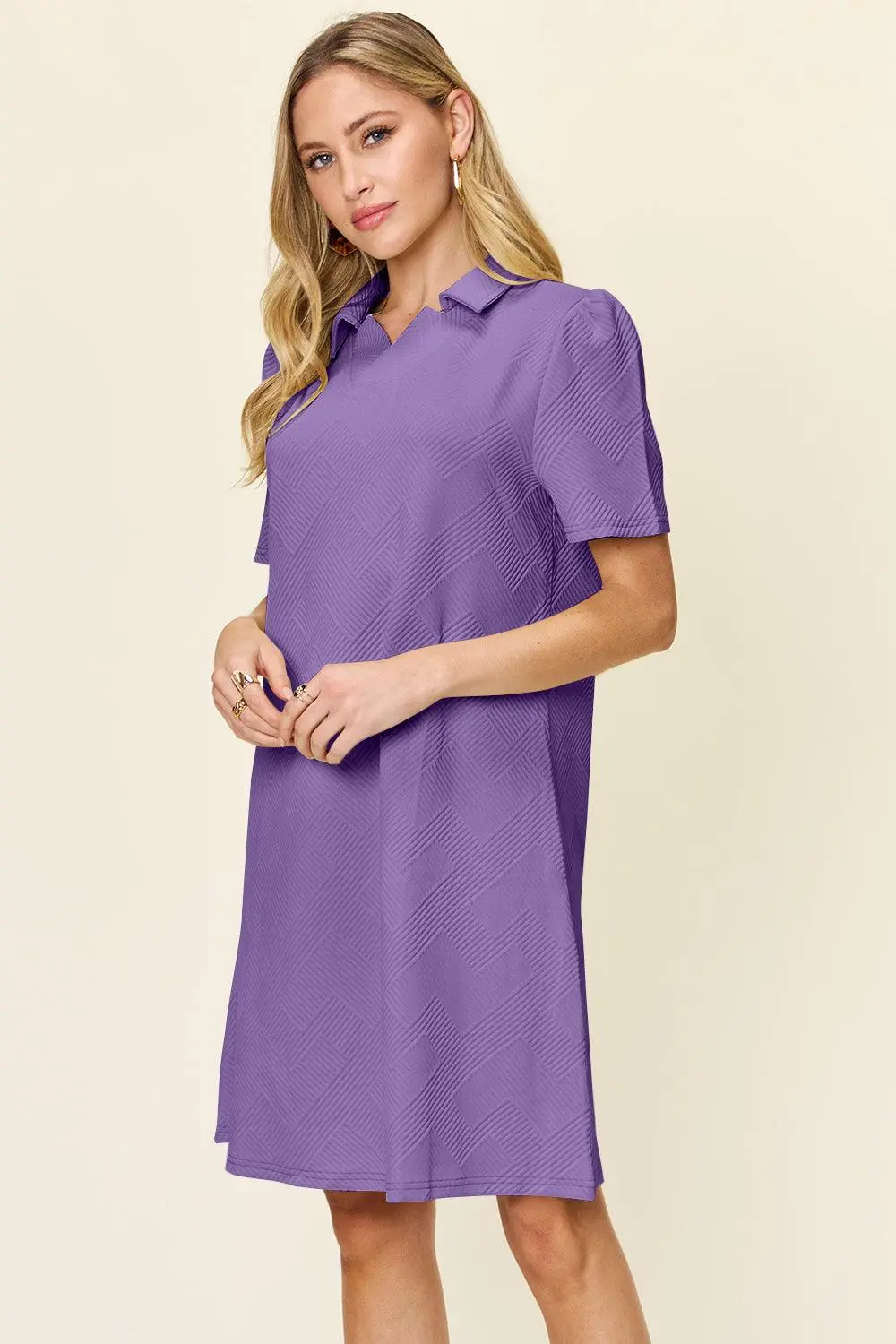 Double Take Full Size Texture Collared Neck Short Sleeve Dress