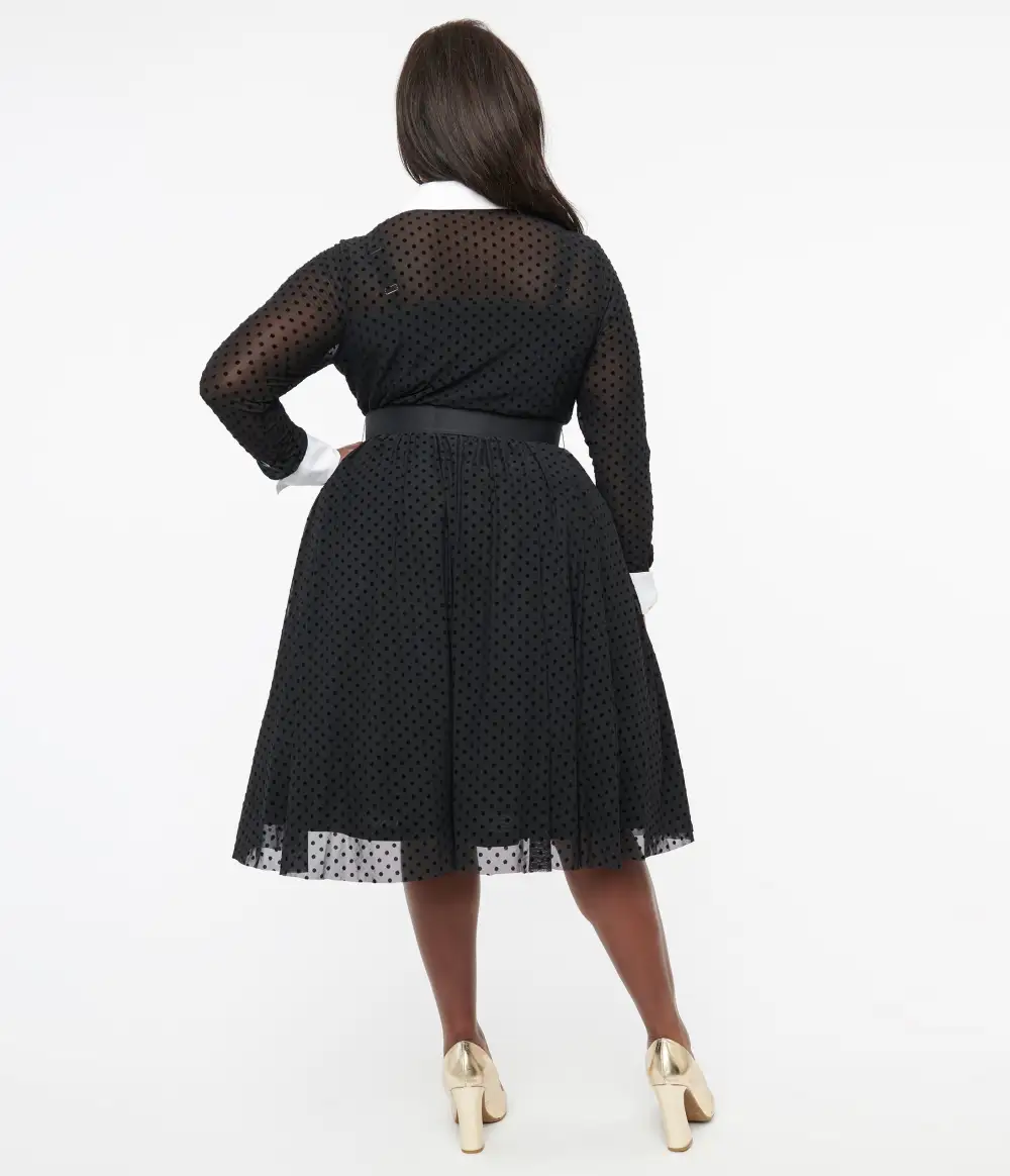 Unique Vintage Plus Size 1950s Black Polka Dot Tulle Swing Dress