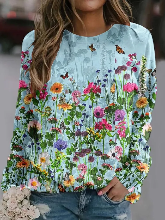 Casual Crew Neck Floral Sweatshirt