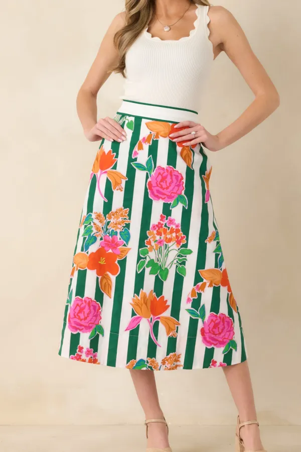 Multi Floral Stripe Cotton Midi Skirt