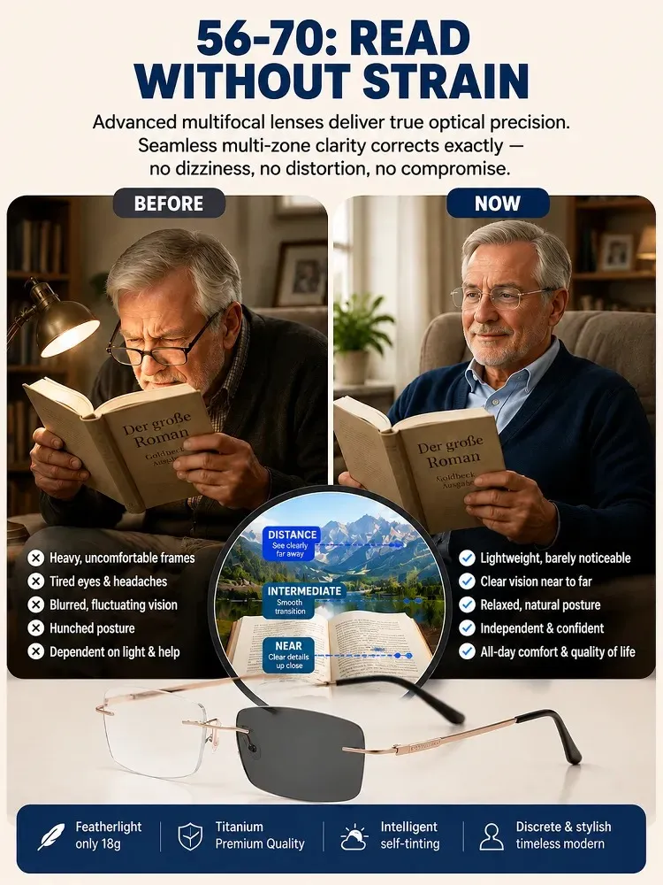 Titanium Frameless Photochromic Blue Light Filter Presbyopic Glasses