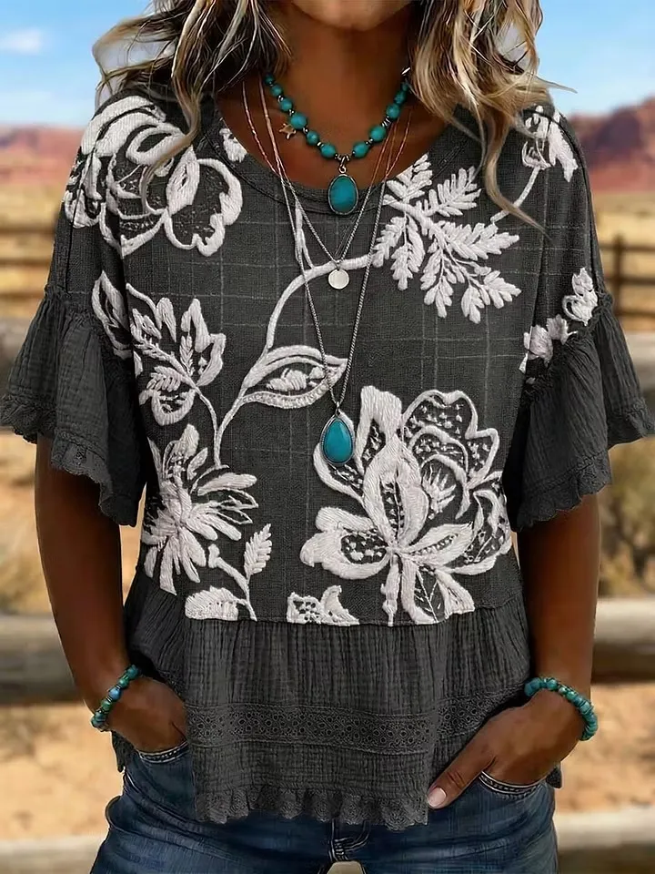 Women'S Retro Western Flower Art Printed Splicing T-Shirt