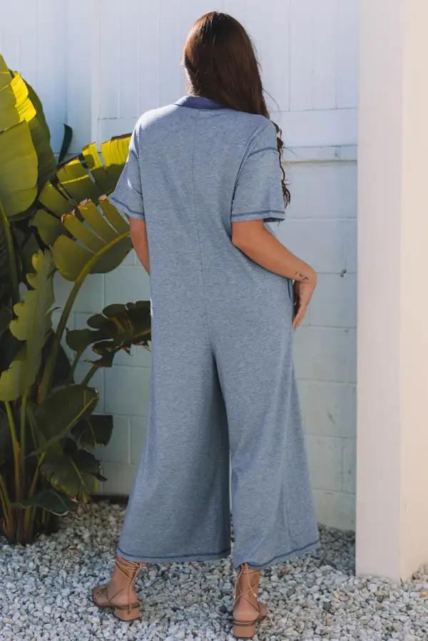 Half Placket Chest Pockets Short Sleeve Wide Leg Jumpsuit