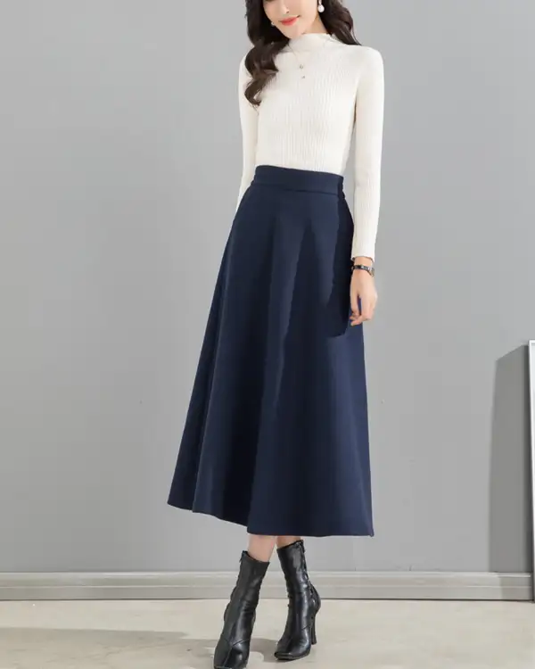Airy Pocketed Wool A Line Maxi Skirt