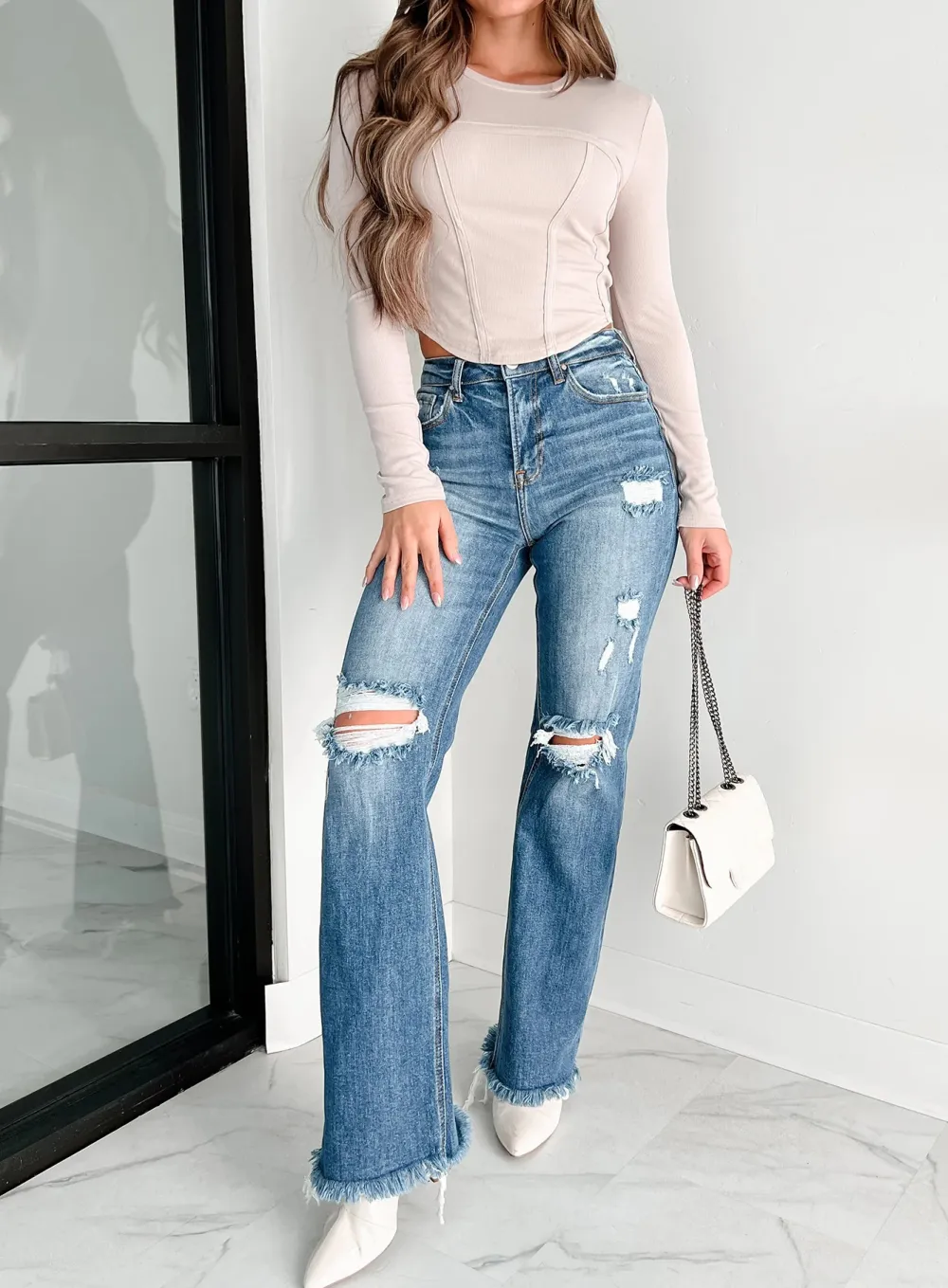 High Rise Distressed Risen Straight Leg Jeans