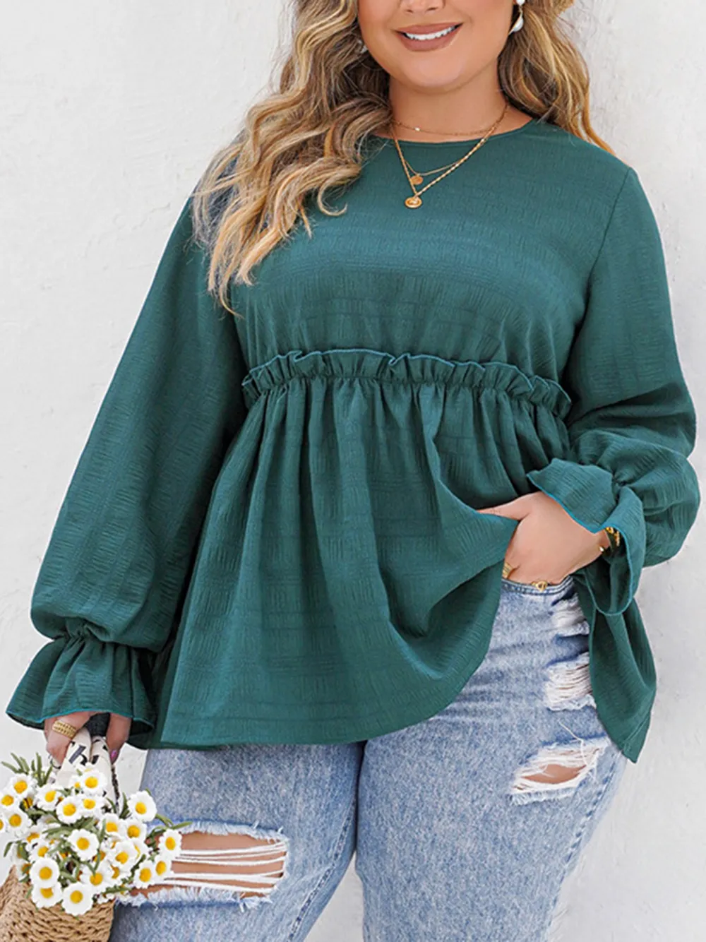 Women Waist Hugging Puff Sleeves V Neck Long Sleeved Shirt Top