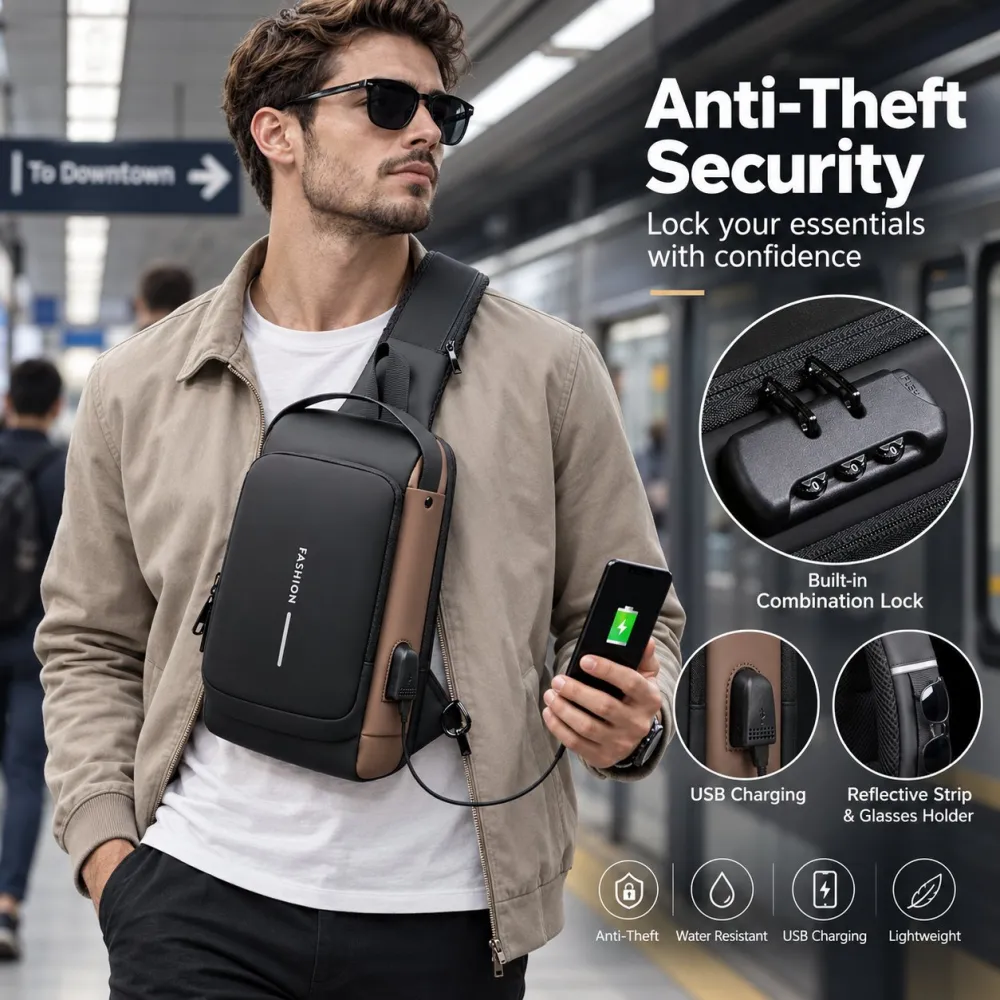 Anti-Theft Smart Sling Bag | Built-in USB Charging & Secure Combination Lock