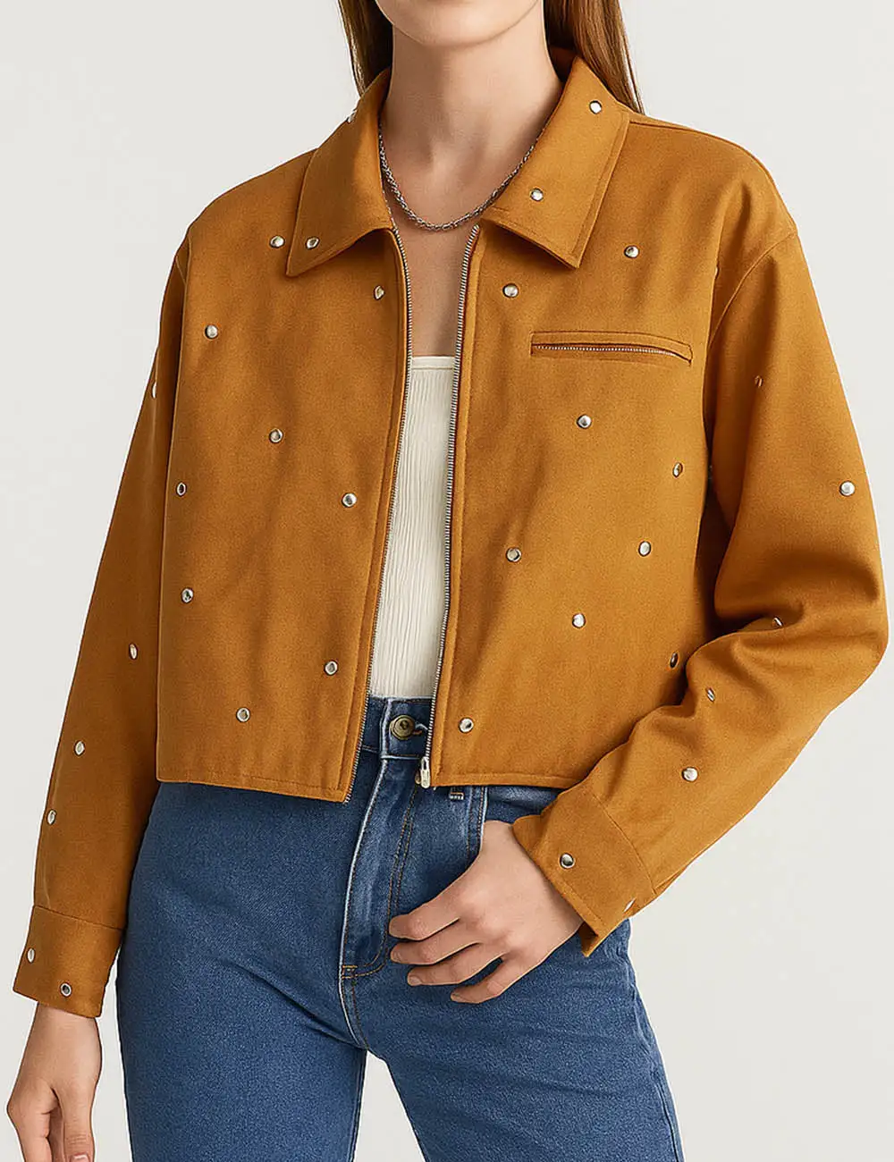 Faux Suede Studded Zipper Front Cropped Jacket