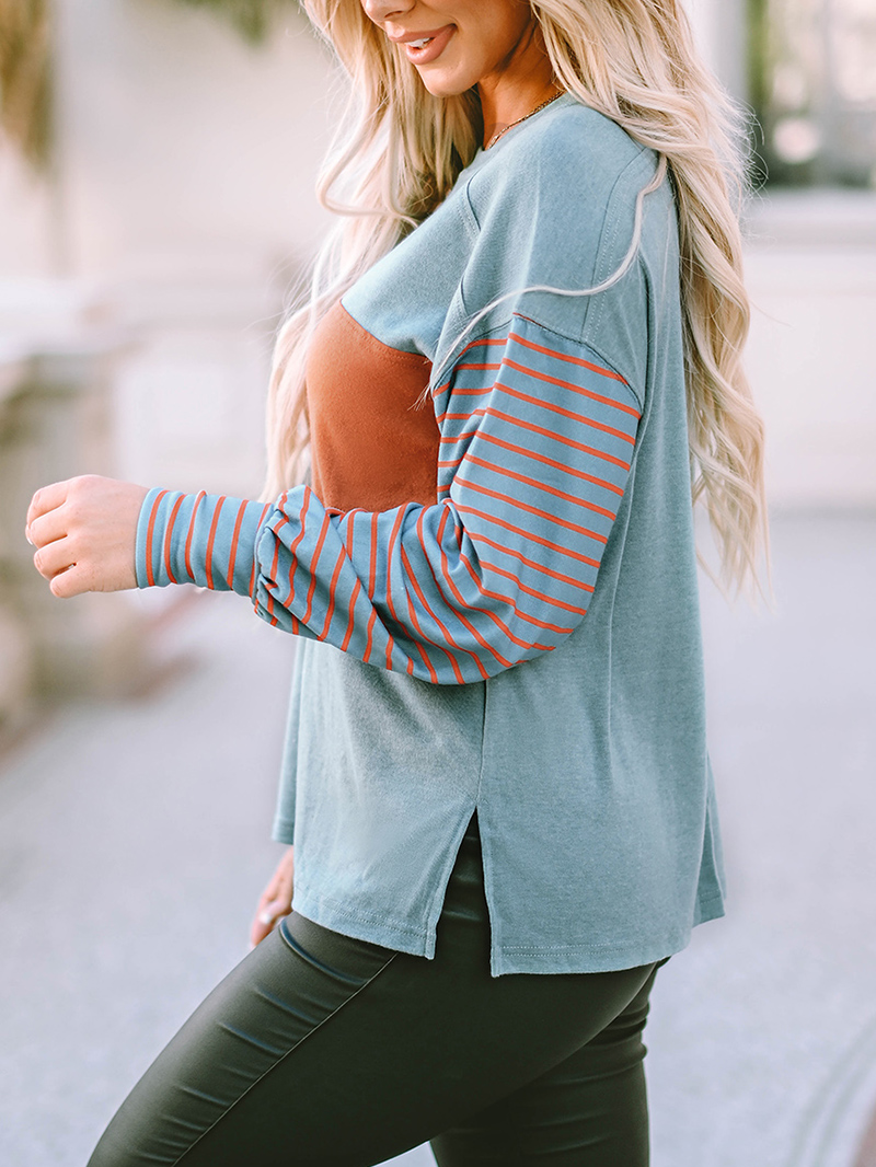 Green Colorblock Striped Bishop Sleeve Top