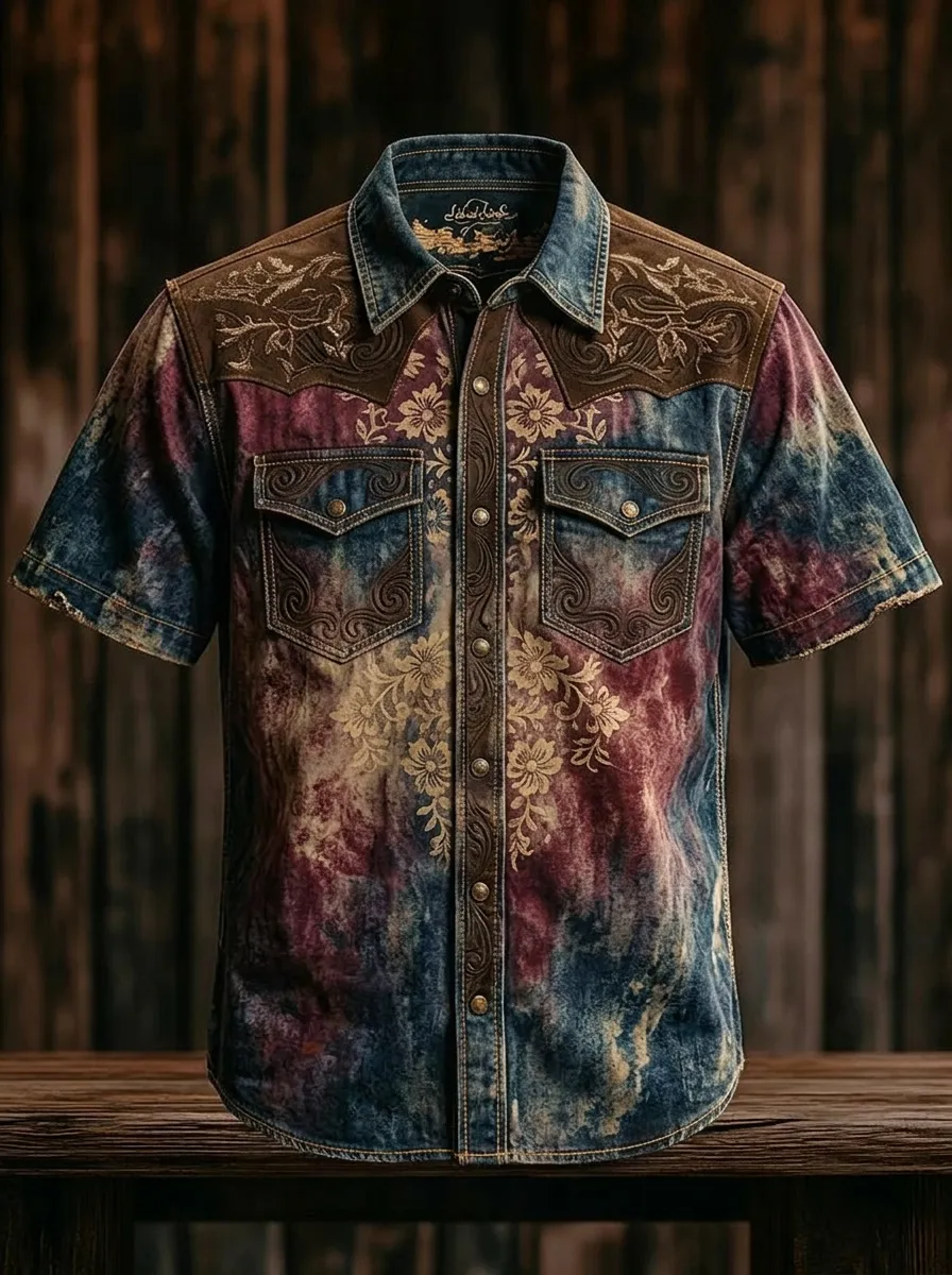 Men's Western Cowboy Floral Embroidered Tie-Dye Printed Shirt