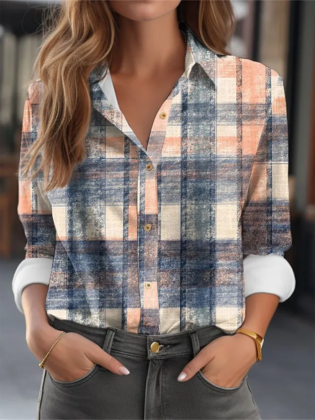 Shirt Collar Long Sleeve Plaid Buckle Regular Micro-Elasticity Loose Blouse For Women