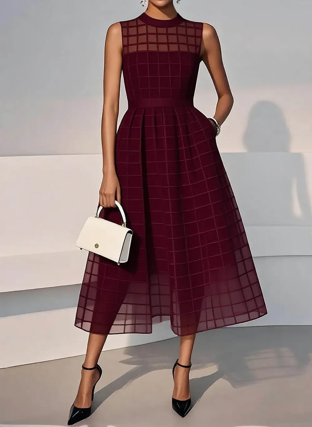 Elegant Sheer Mesh Pattern Midi Dress