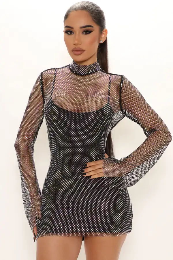Rhinestone Affair Mini Dress - Black