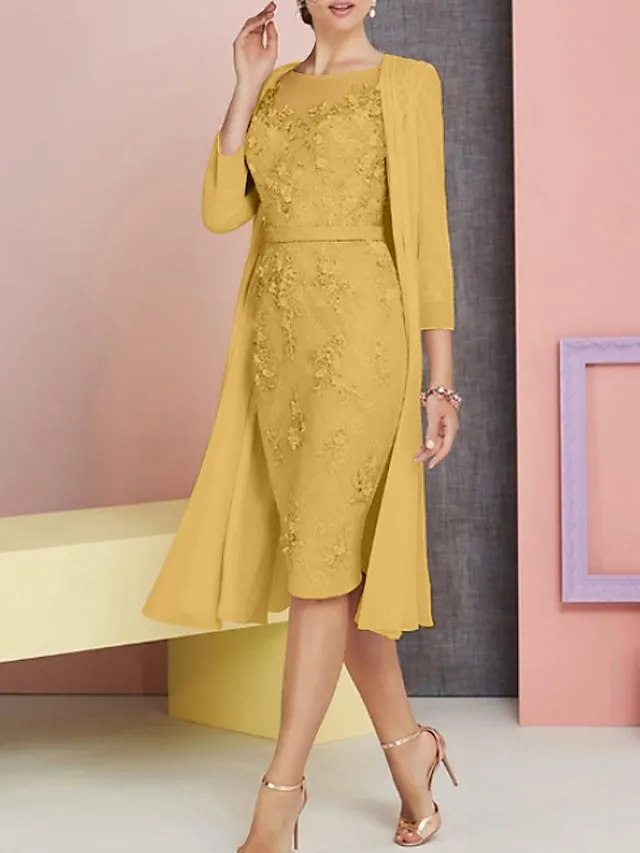 Two Piece Sheath Mother of the Bride Dress Pink Wedding Guest Church Elegant Vintage Plus Size Bateau Neck Knee Length Chiffon Lace 3/4 Length Sleeve Jacket Dresses with Appliques 2024