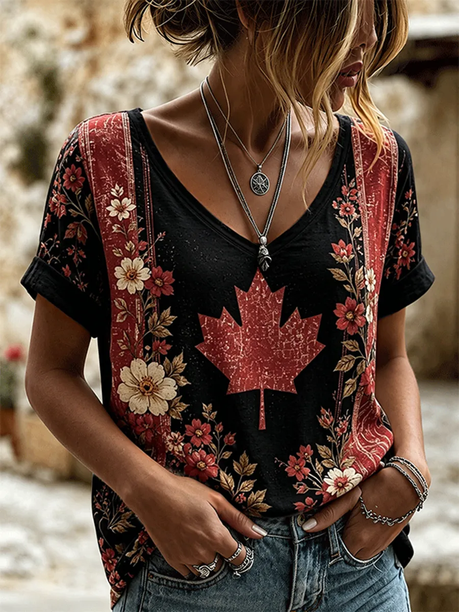 Women's Canada Flag Maple Leaf Printed V-Neck Short Sleeve Top