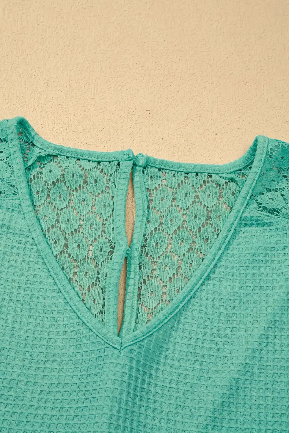 Mint Green Lace Splicing Button Cutout V Neck Waffle Knit Blouse