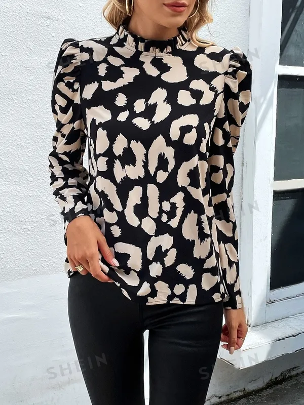 Women's Leopard Print Button Frill Stand-Collar Blouse