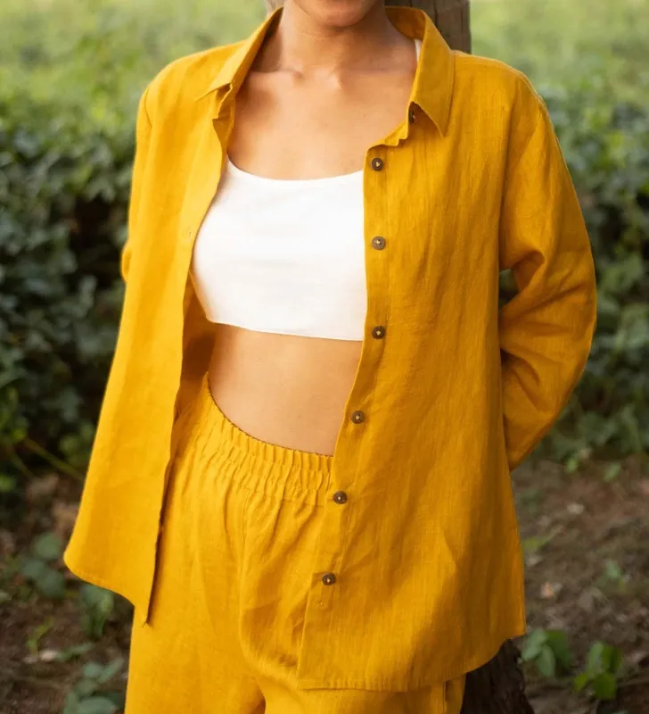 Mustard Linen Matching Set with Button-Up Shirt & Oversized Pants