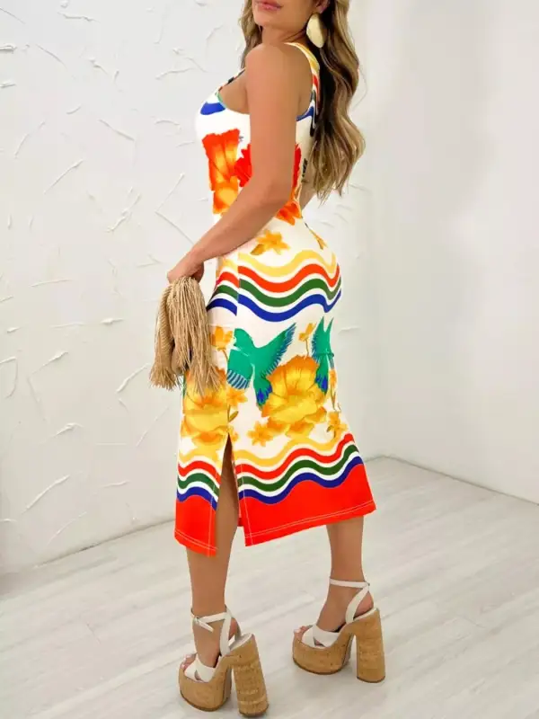 Plus Size Tropical Parrot Sleeveless Midi Dress