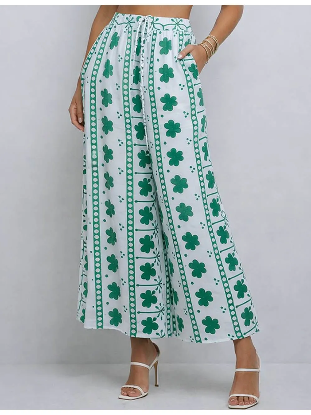 St Patrick Day Clover Elastic Waist Wide Leg Pants