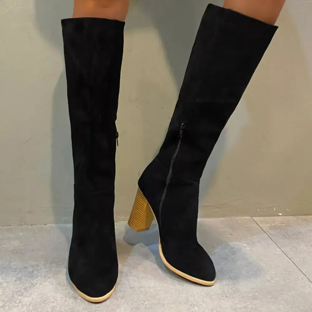 Textured Pointed Toe Block Heel Boots