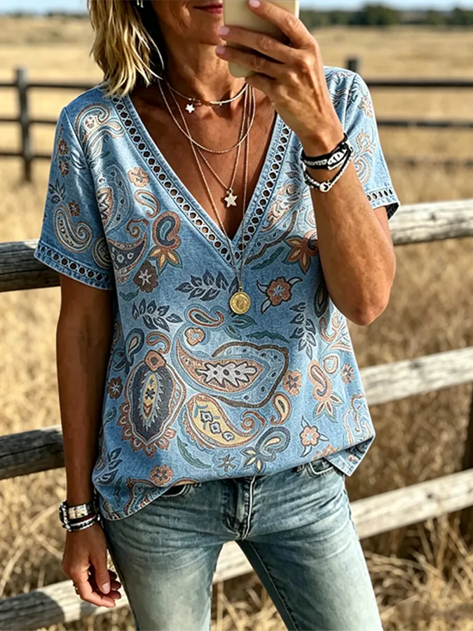 Women's Boho Paisley Print V Neck Trim Short Sleeve Western Blouse
