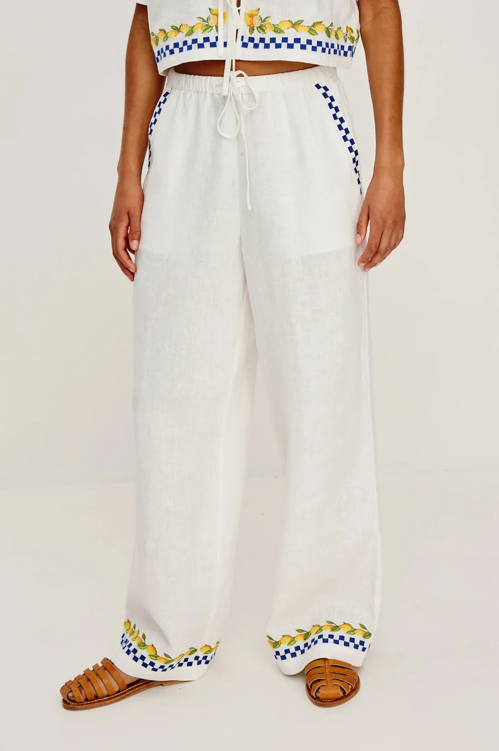 Ribbon-Hemmed Pure Cotton Plain-Colored Trousers