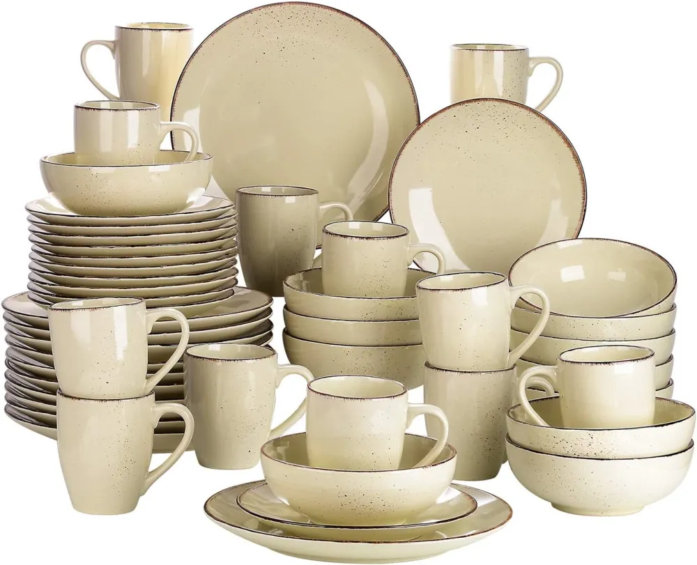 vancasso Navia Ceramic Dinnerware Set, 48 pieces Set of 12 Stoneware Spray Spot Patterned Service Dish with Dinner Plates, Salad Plates, Bowls, Mugs - Grey